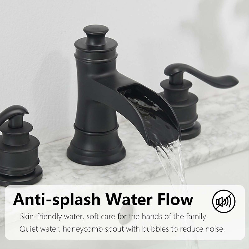 BATHLAVISH Black Widespread Bathroom Faucet, Bathroom Sink Faucet 3 Hole, Waterfall Spout Farmhouse 2 Handle 8 Inch Lavatory Vanity with Pop Up Drain with Overflow - Image 4